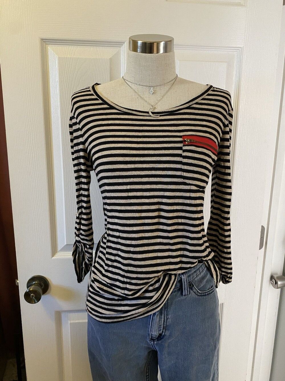 OBOE Women's M Black Beige Striped Scoop Neck Distressed Top Red Zip Pocket